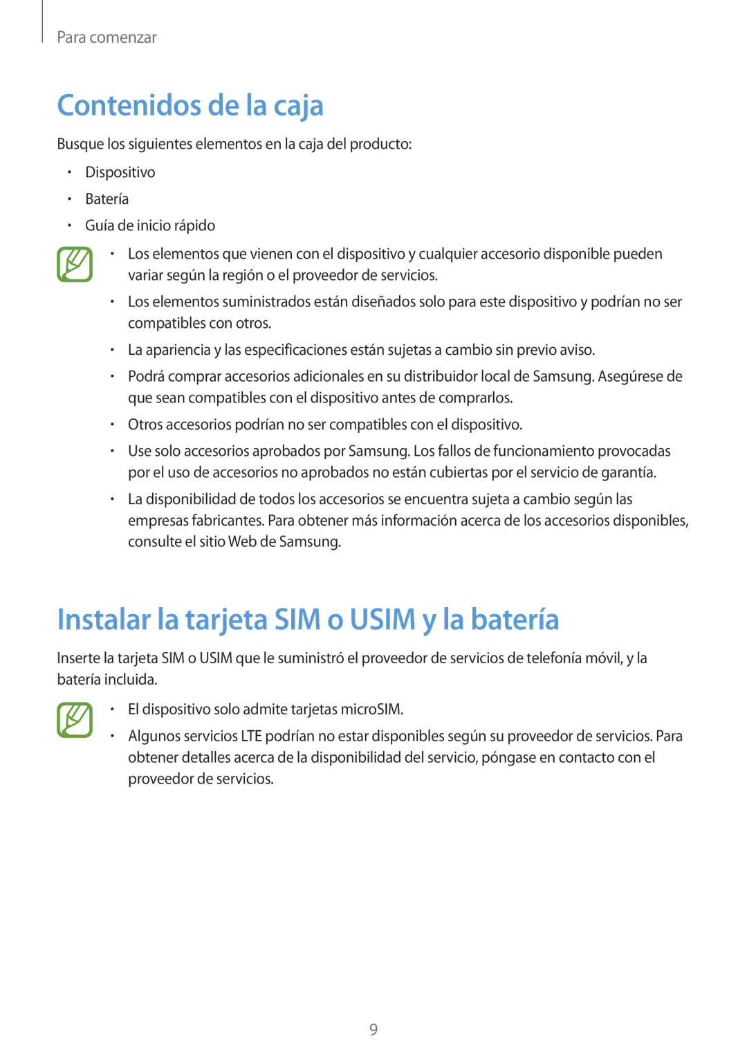 Samsung GT-S7275UWNPHE, GT-S7275HKNTPH, GT-S7275HKNOPT Contenidos de la caja, Instalar la tarjeta SIM o Usim y la batería 