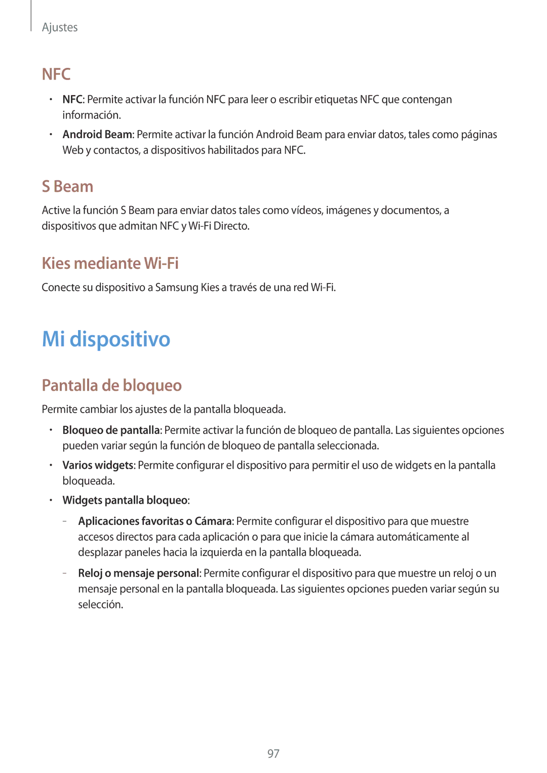 Samsung GT-S7275UWNYOG manual Mi dispositivo, Beam, Kies mediante Wi-Fi, Pantalla de bloqueo, Widgets pantalla bloqueo 