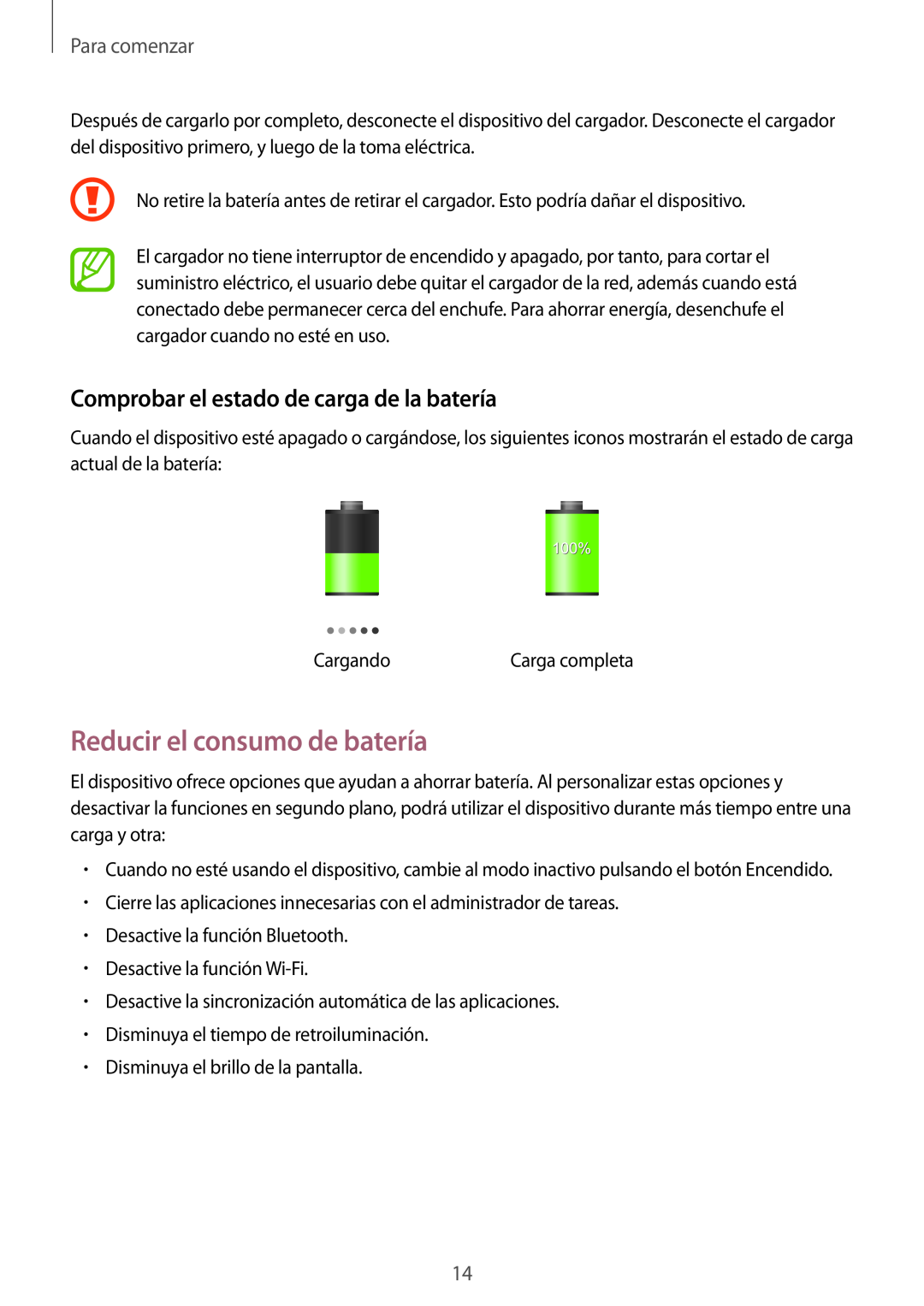 Samsung GT-S7275HKNOPT manual Reducir el consumo de batería, Comprobar el estado de carga de la batería, Para comenzar 