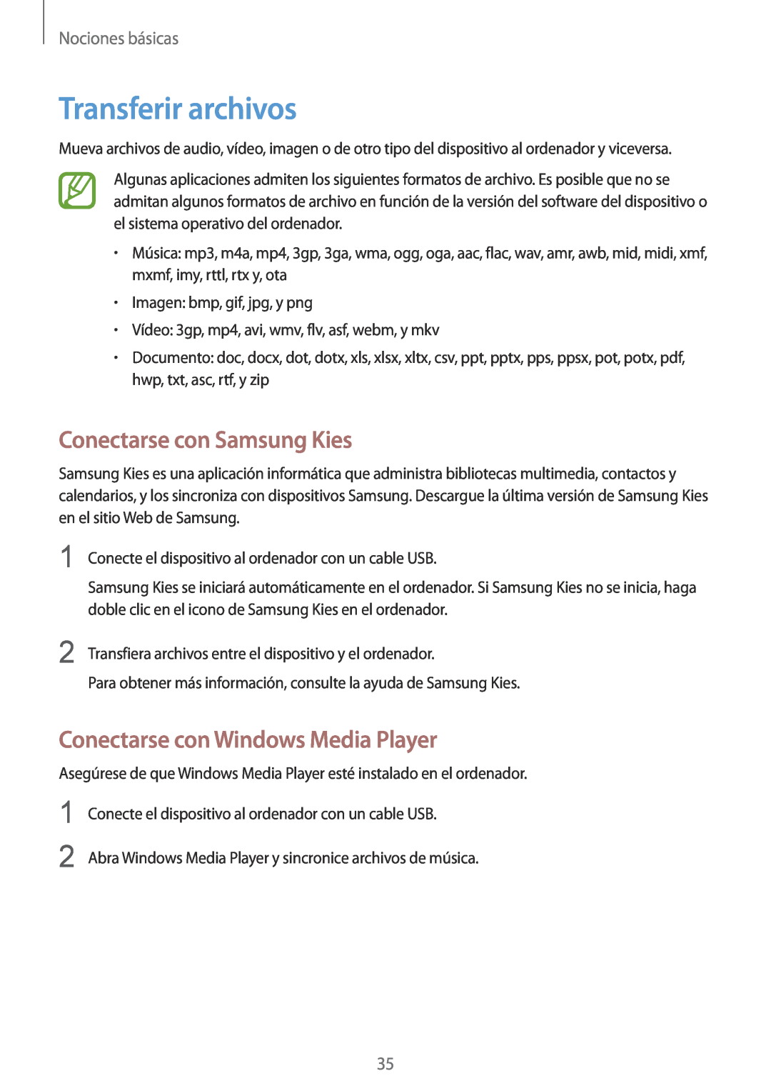 Samsung GT-S7275UWNPHE manual Transferir archivos, Conectarse con Samsung Kies, Conectarse con Windows Media Player 