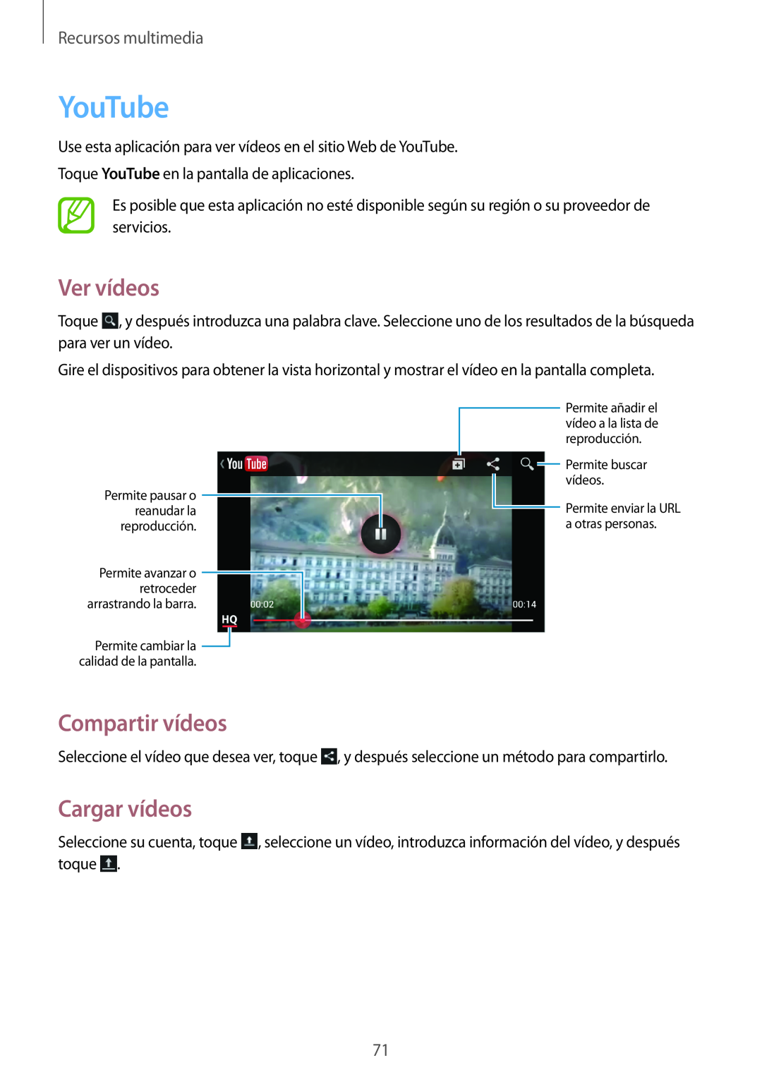 Samsung GT-S7275UWNYOG, GT-S7275HKNTPH manual YouTube, Ver vídeos, Cargar vídeos, Compartir vídeos, Recursos multimedia 