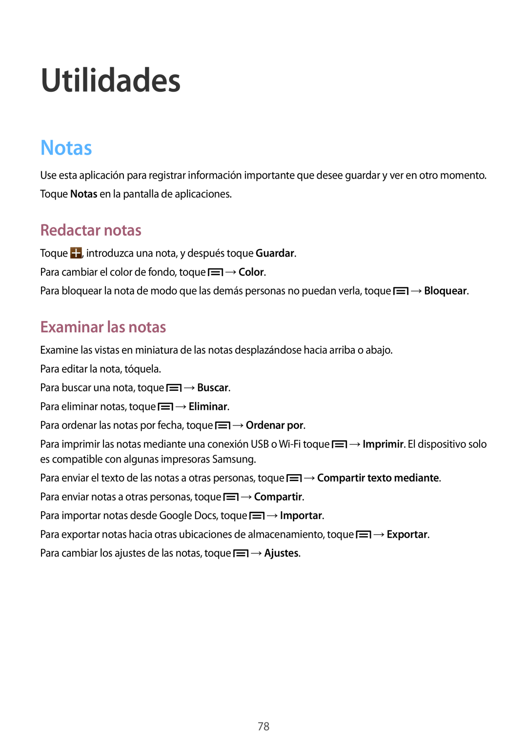 Samsung GT-S7275HKNTPH manual Utilidades, Notas, Redactar notas, Examinar las notas, →Eliminar, →Ordenar por, →Compartir 