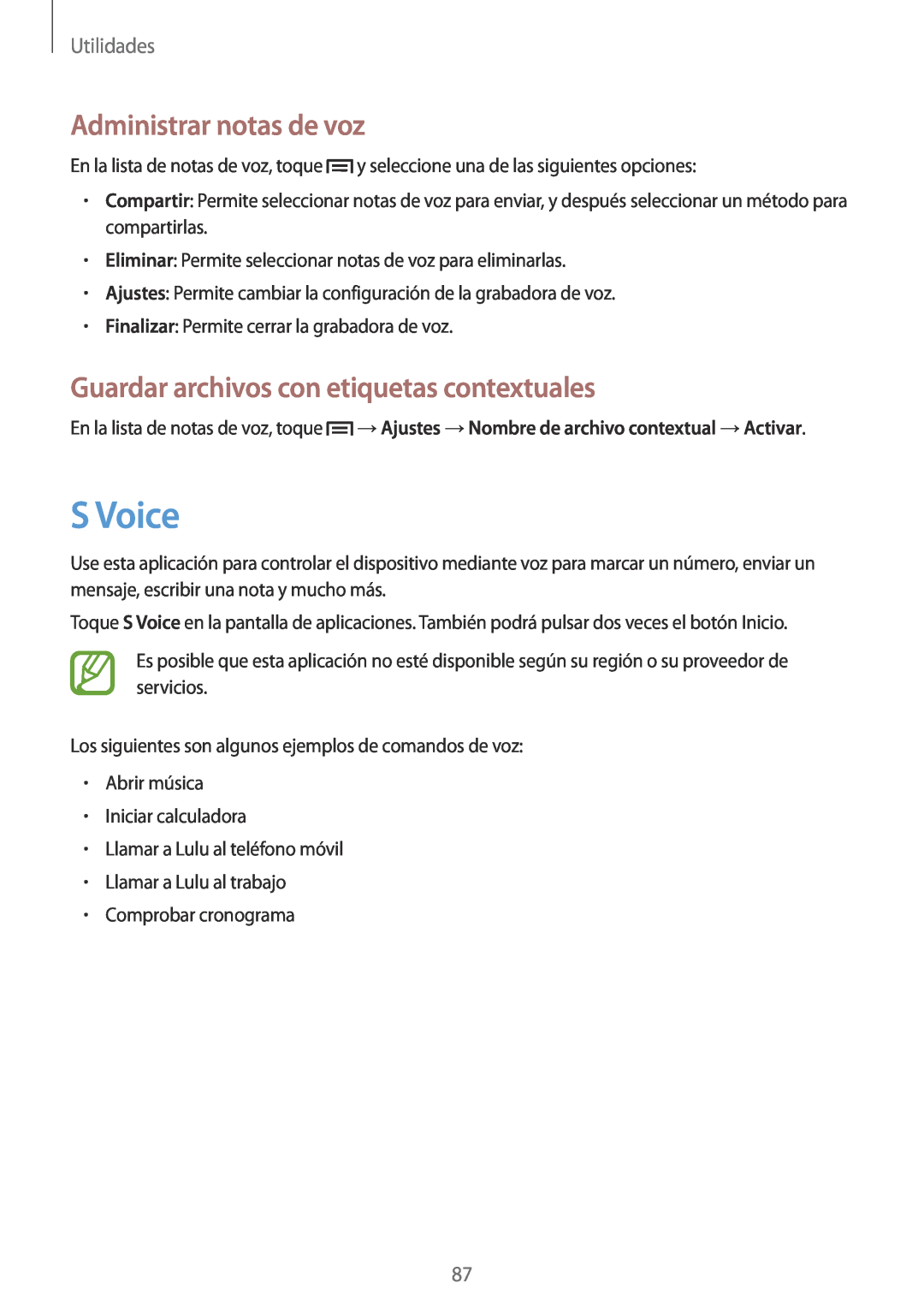 Samsung GT-S7275UWNPHE manual S Voice, Administrar notas de voz, Guardar archivos con etiquetas contextuales, Utilidades 
