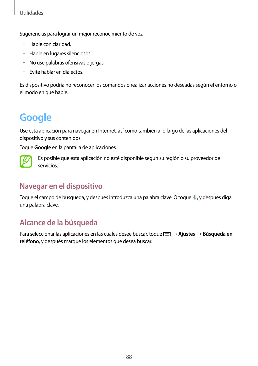 Samsung GT-S7275HKNPHE, GT-S7275HKNTPH manual Google, Navegar en el dispositivo, Alcance de la búsqueda, Utilidades 