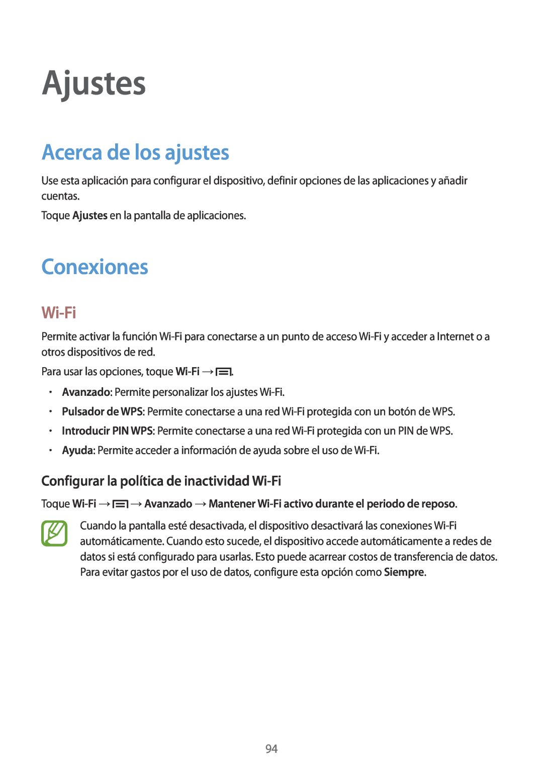 Samsung GT-S7275HKNXEF manual Ajustes, Acerca de los ajustes, Conexiones, Configurar la política de inactividad Wi-Fi 