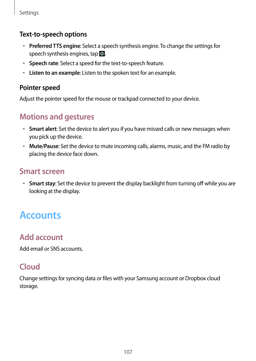 Samsung GT-S7275HKACOS, GT-S7275HKNVIA, GT-S7275HKADBT Accounts, Motions and gestures, Smart screen, Add account, Cloud 