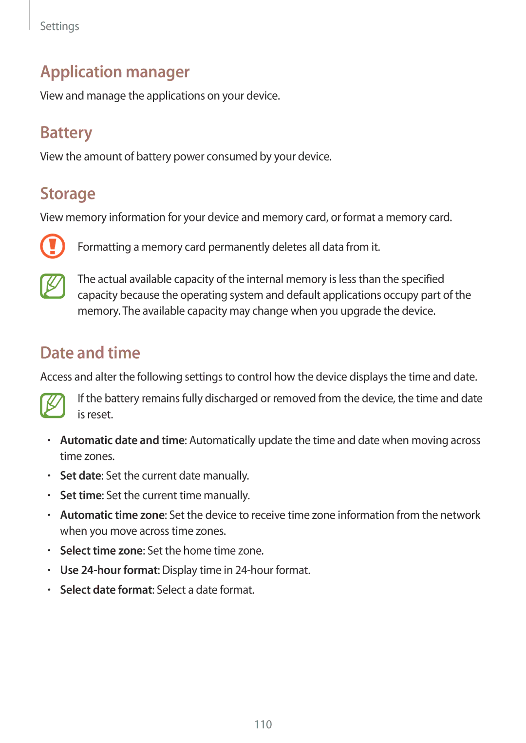 Samsung GT-S7275UWNTMH, GT-S7275HKNVIA, GT-S7275HKADBT, GT-S7275HKNDBT Application manager, Battery, Storage, Date and time 