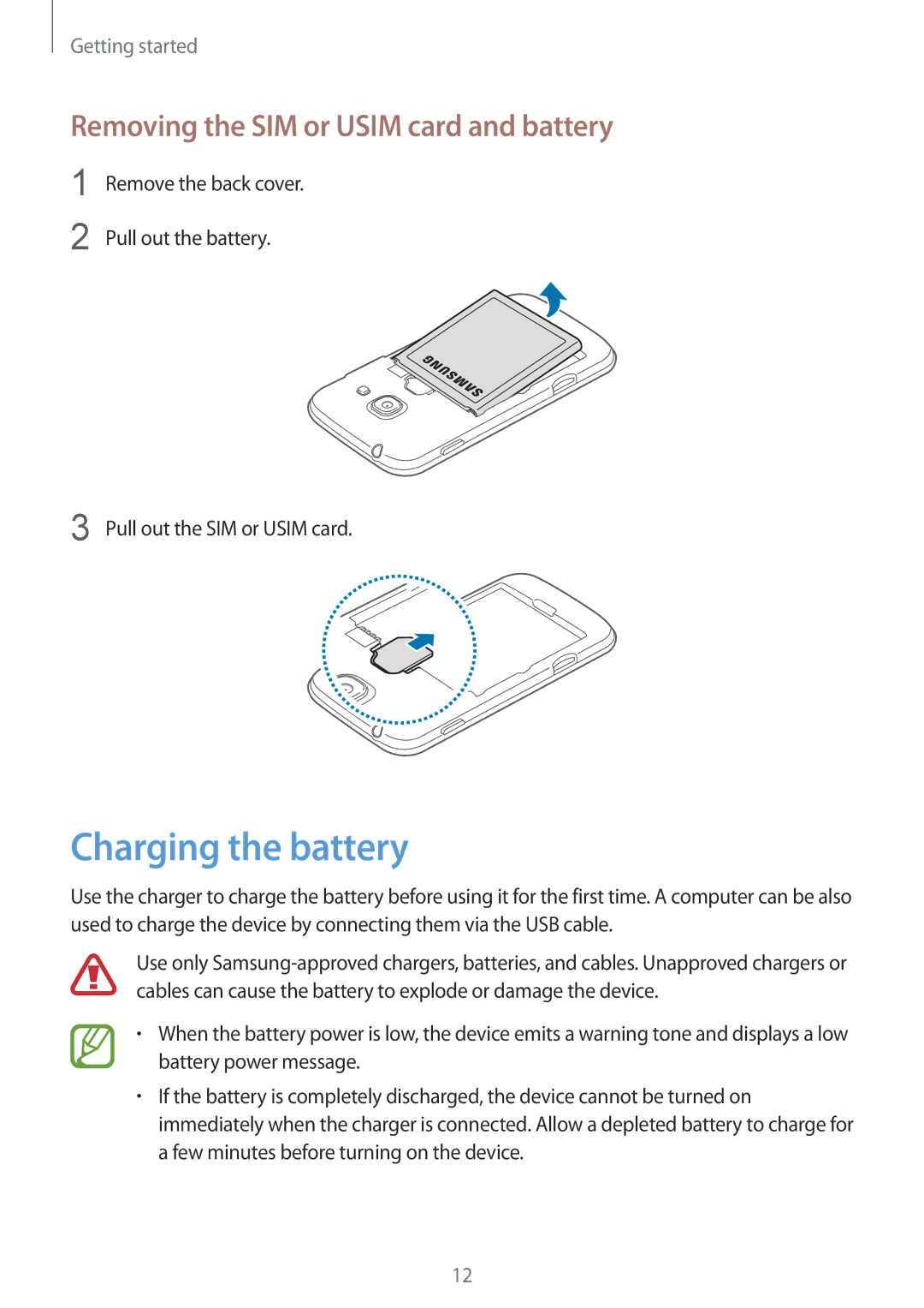 Samsung GT-S7275HKAXEF, GT-S7275HKNVIA, GT-S7275HKADBT manual Charging the battery, Removing the SIM or Usim card and battery 