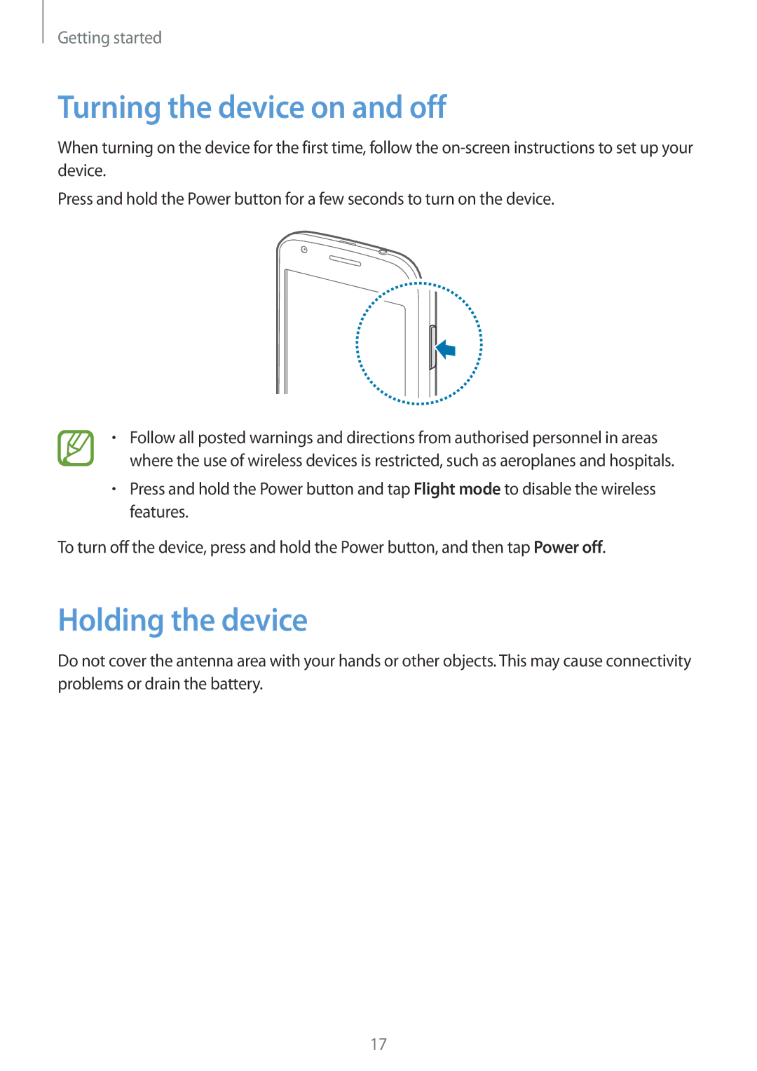 Samsung GT-S7275HKNTIM, GT-S7275HKNVIA, GT-S7275HKADBT, GT-S7275HKNDBT Turning the device on and off, Holding the device 