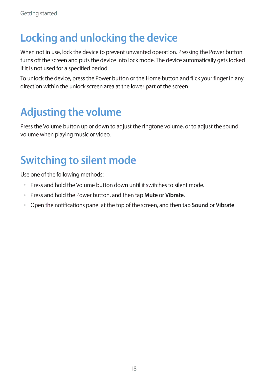 Samsung GT-S7275UWNTIM, GT-S7275HKNVIA Locking and unlocking the device, Adjusting the volume, Switching to silent mode 