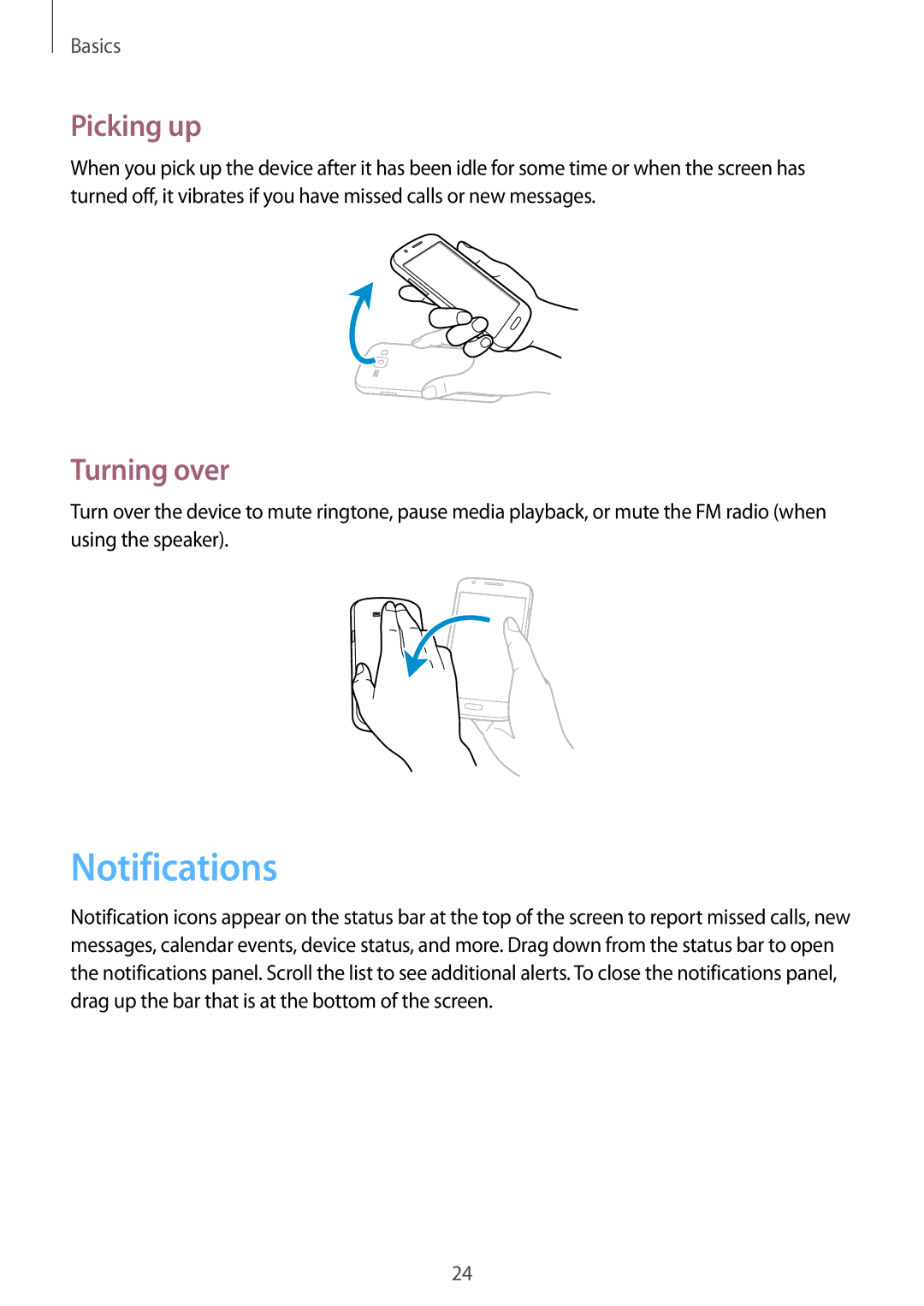 Samsung GT-S7275HKNPHE, GT-S7275HKNVIA, GT-S7275HKADBT, GT-S7275HKNDBT manual Notifications, Picking up, Turning over 