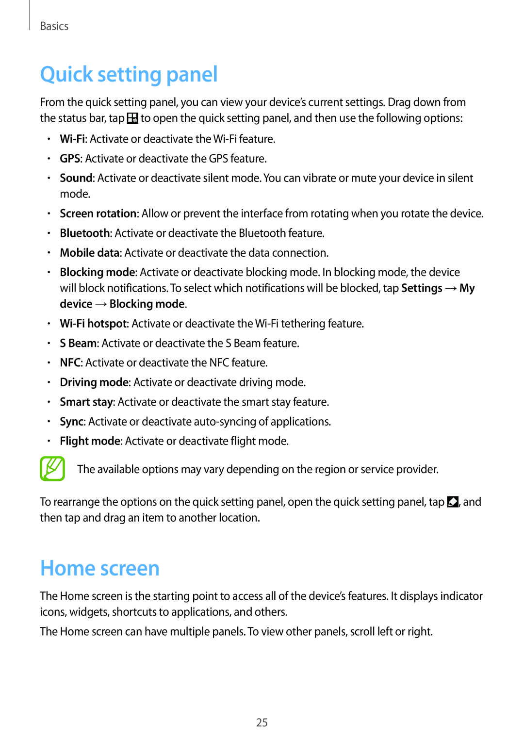 Samsung GT-S7275WRNYOG, GT-S7275HKNVIA, GT-S7275HKADBT, GT-S7275HKNDBT, GT-S7275HKNTPH manual Quick setting panel, Home screen 