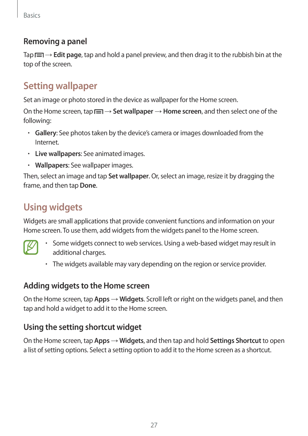 Samsung GT-S7275UWNAUT manual Setting wallpaper, Using widgets, Removing a panel, Adding widgets to the Home screen 