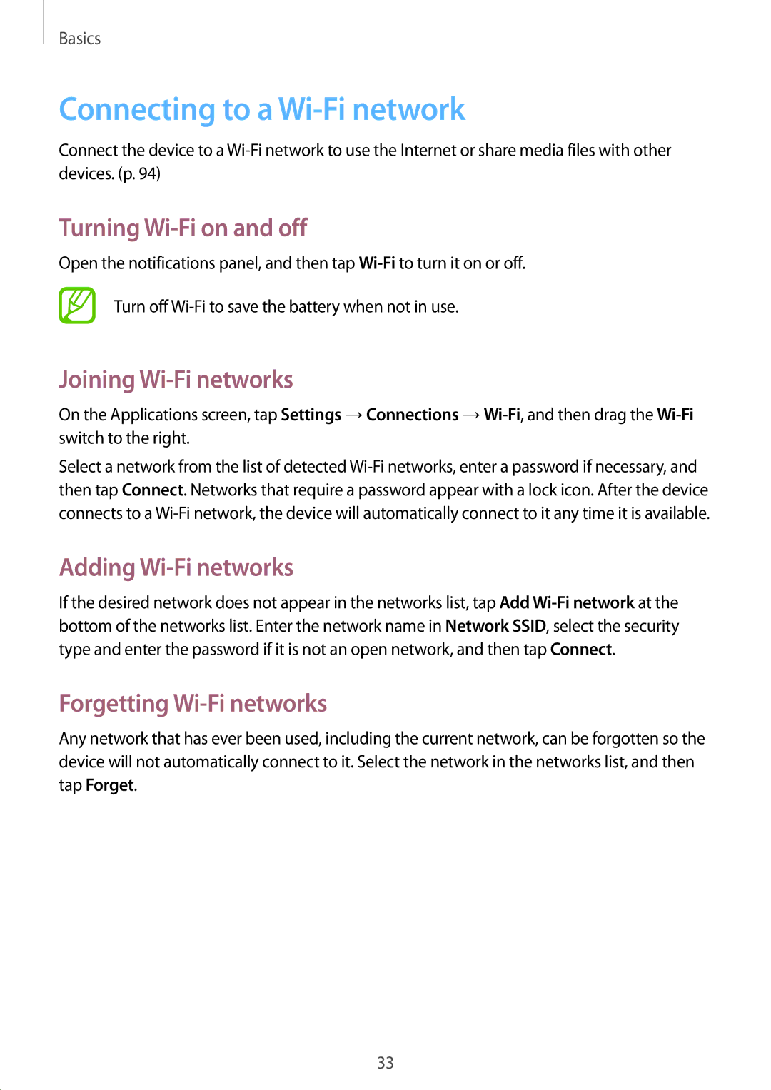 Samsung GT-S7275UWAXEO, GT-S7275HKNVIA Connecting to a Wi-Fi network, Turning Wi-Fi on and off, Joining Wi-Fi networks 