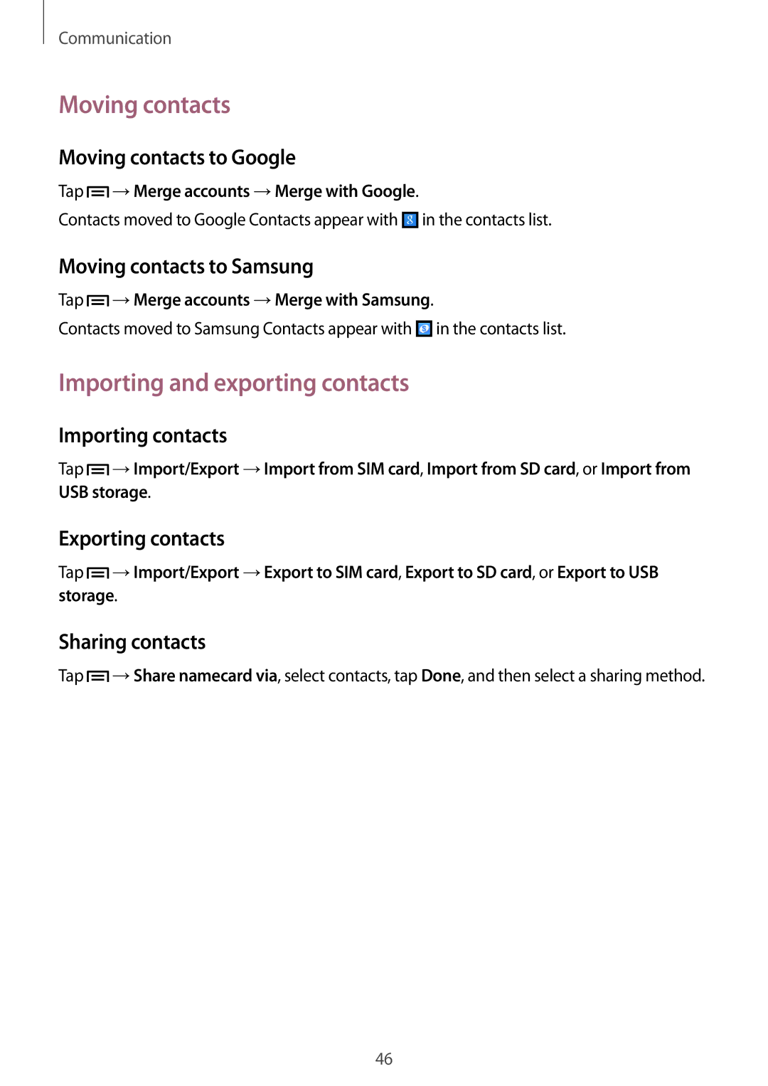 Samsung GT-S7275HKACOS, GT-S7275HKNVIA, GT-S7275HKADBT, GT-S7275HKNDBT Moving contacts, Importing and exporting contacts 