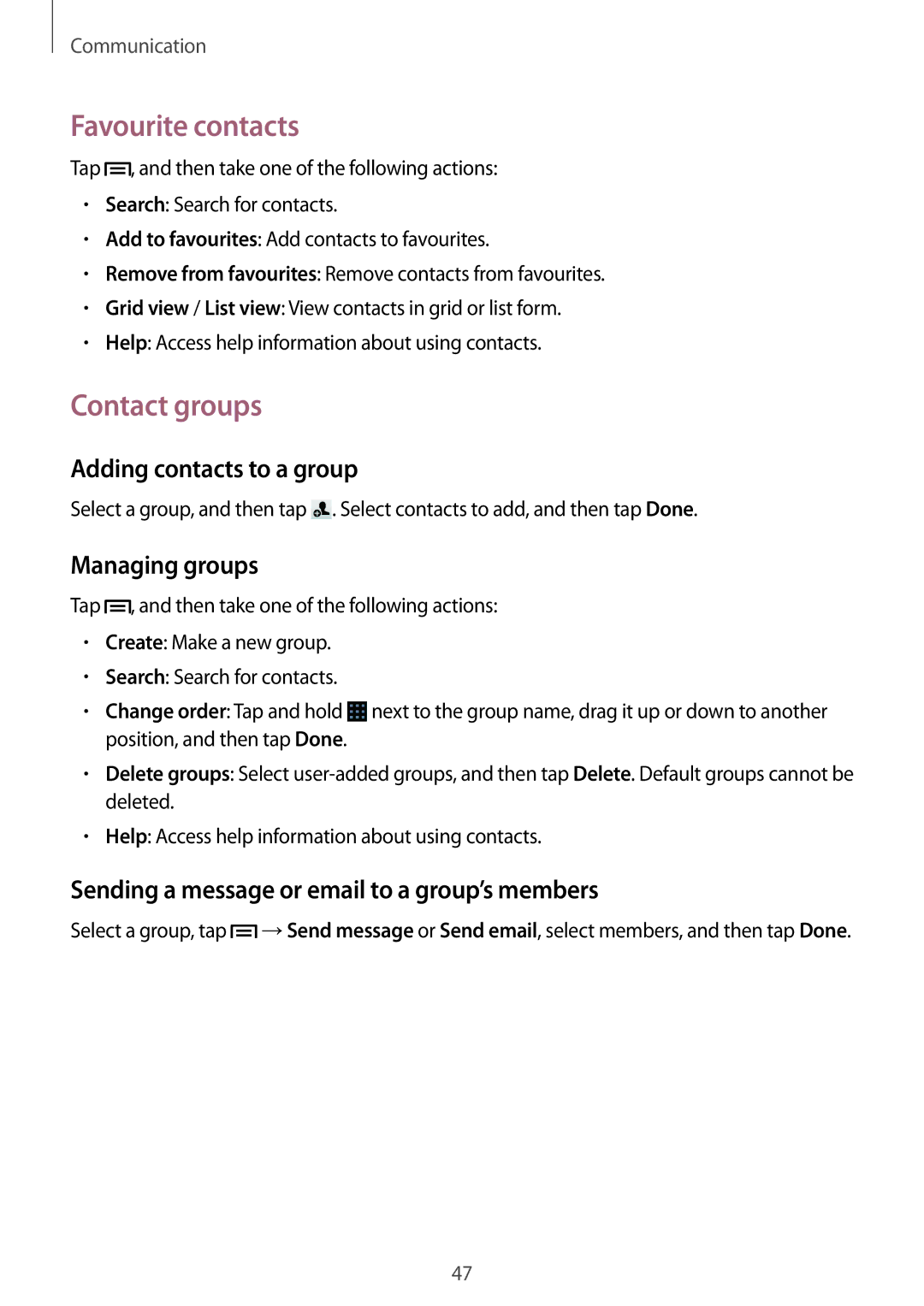 Samsung GT-S7275HKNPAN, GT-S7275HKNVIA Favourite contacts, Contact groups, Adding contacts to a group, Managing groups 