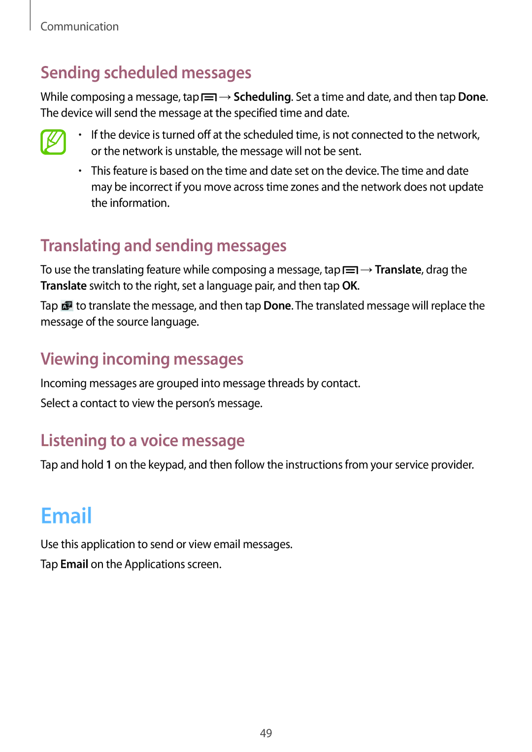 Samsung GT-S7275UWNTMH manual Sending scheduled messages, Translating and sending messages, Viewing incoming messages 