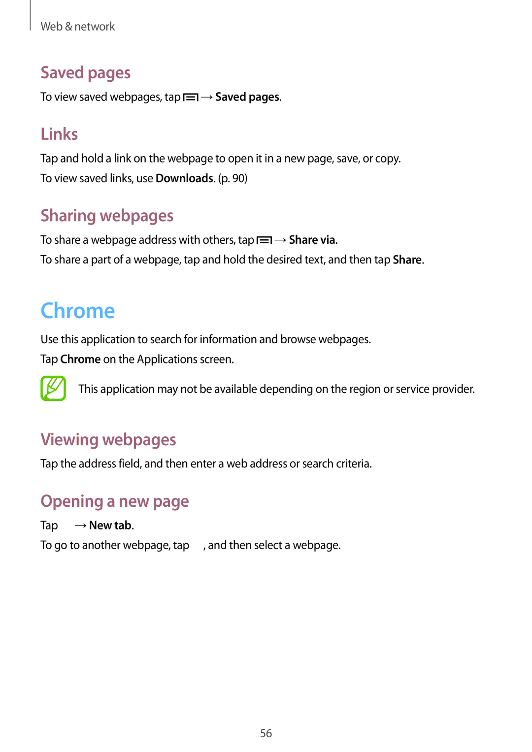 Samsung GT-S7275WRNXEH, GT-S7275HKNVIA, GT-S7275HKADBT manual Chrome, Saved pages, Links, Sharing webpages, Tap →New tab 