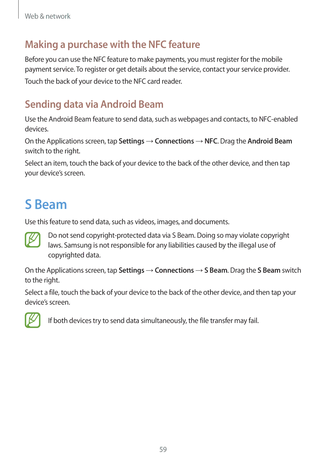 Samsung GT2S7275UWNTMH, GT-S7275HKNVIA manual Making a purchase with the NFC feature, Sending data via Android Beam 