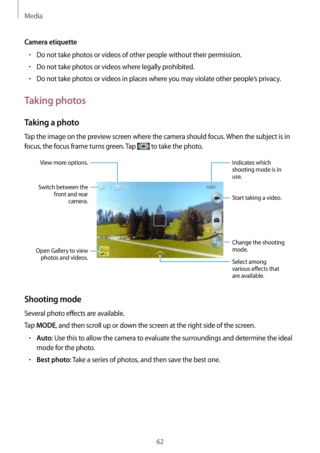 Samsung GT-S7275HKADBT, GT-S7275HKNVIA, GT-S7275HKNDBT manual Taking photos, Taking a photo, Shooting mode, Camera etiquette 