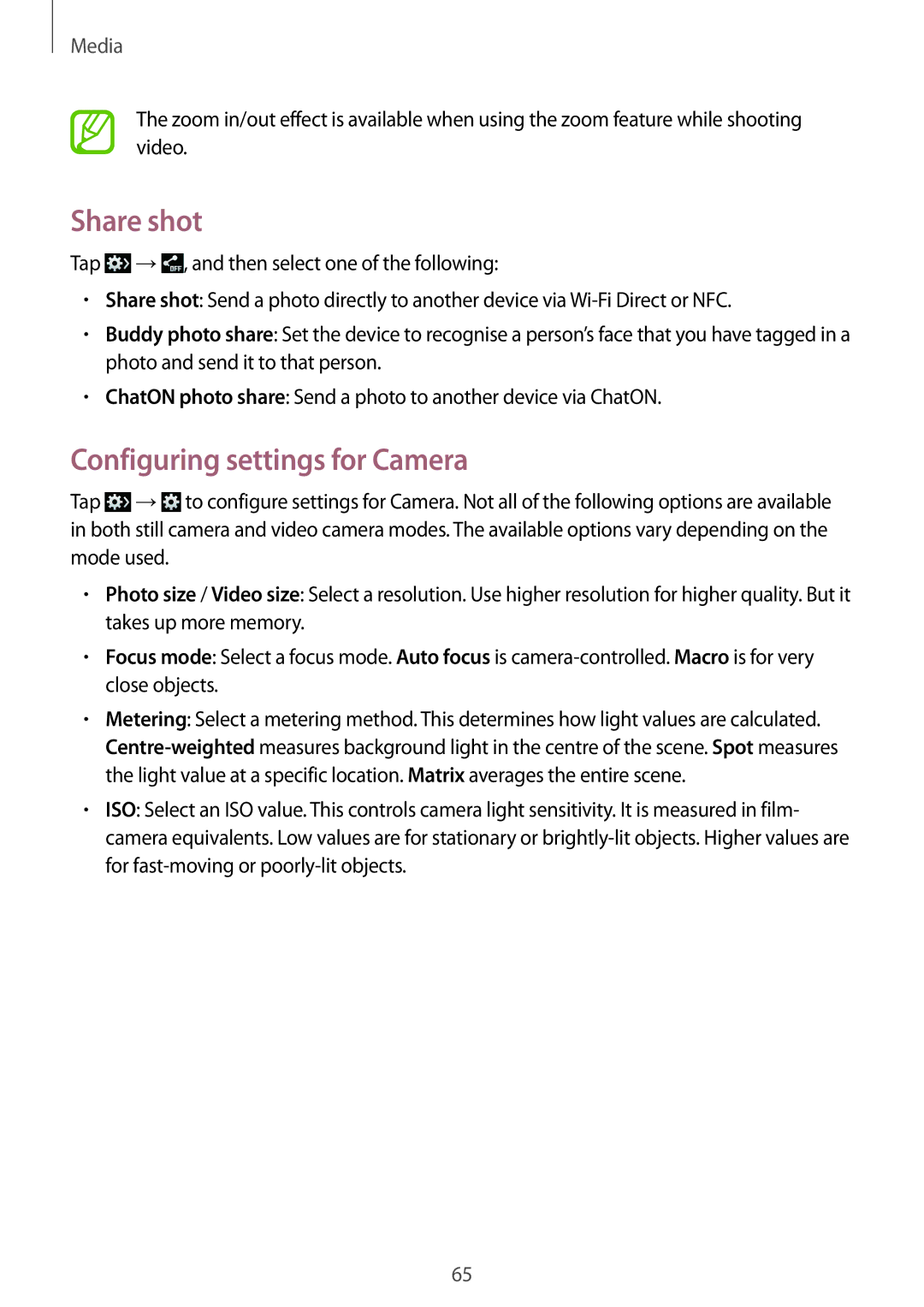 Samsung GT-S7275HKNOPT, GT-S7275HKNVIA, GT-S7275HKADBT, GT-S7275HKNDBT manual Share shot, Configuring settings for Camera 