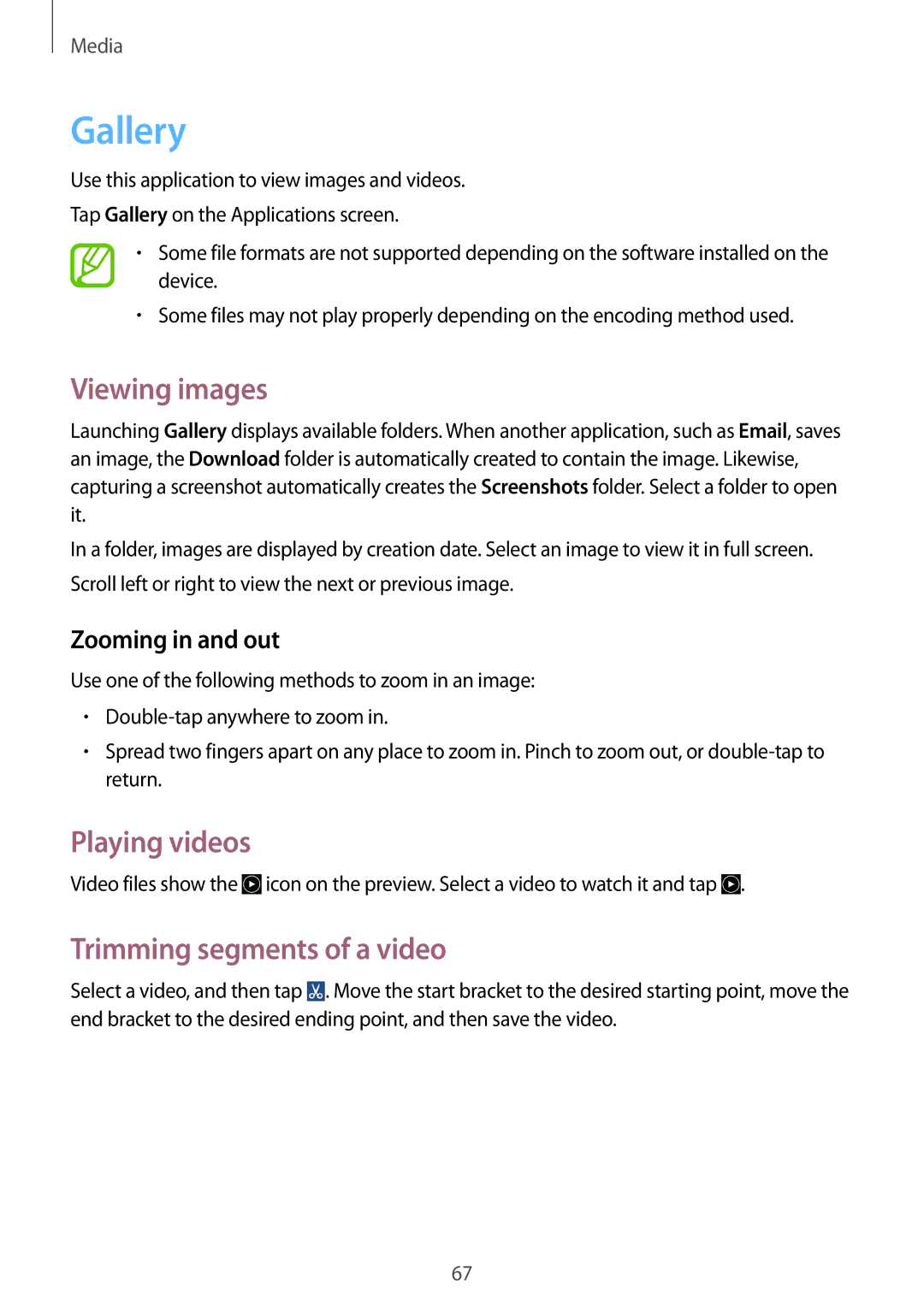 Samsung GT-S7275HKNTPL manual Gallery, Viewing images, Playing videos, Trimming segments of a video, Zooming in and out 