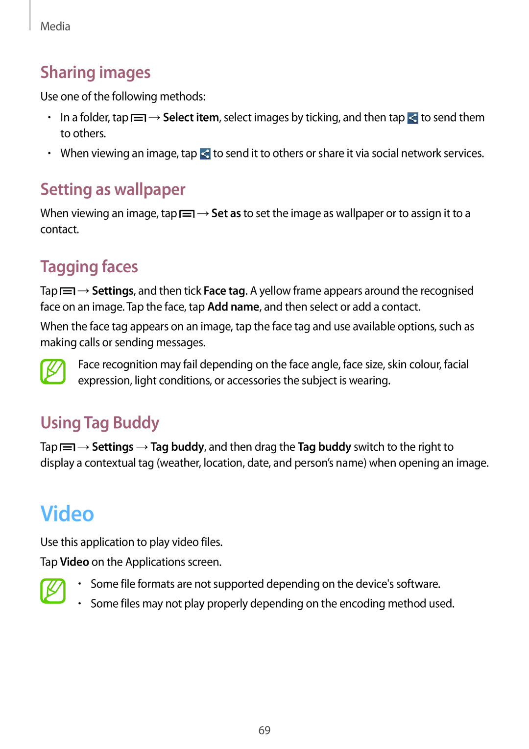 Samsung GT-S7275UWNDBT, GT-S7275HKNVIA manual Video, Sharing images, Setting as wallpaper, Tagging faces, Using Tag Buddy 