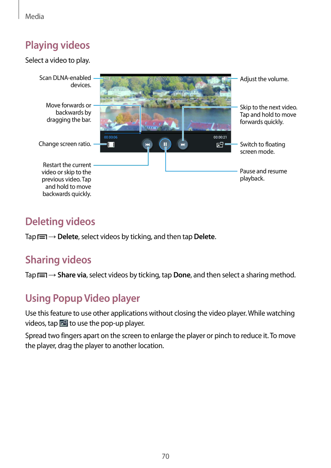 Samsung GT-S7275HKNXEF, GT-S7275HKNVIA, GT-S7275HKADBT manual Deleting videos, Sharing videos, Using Popup Video player 