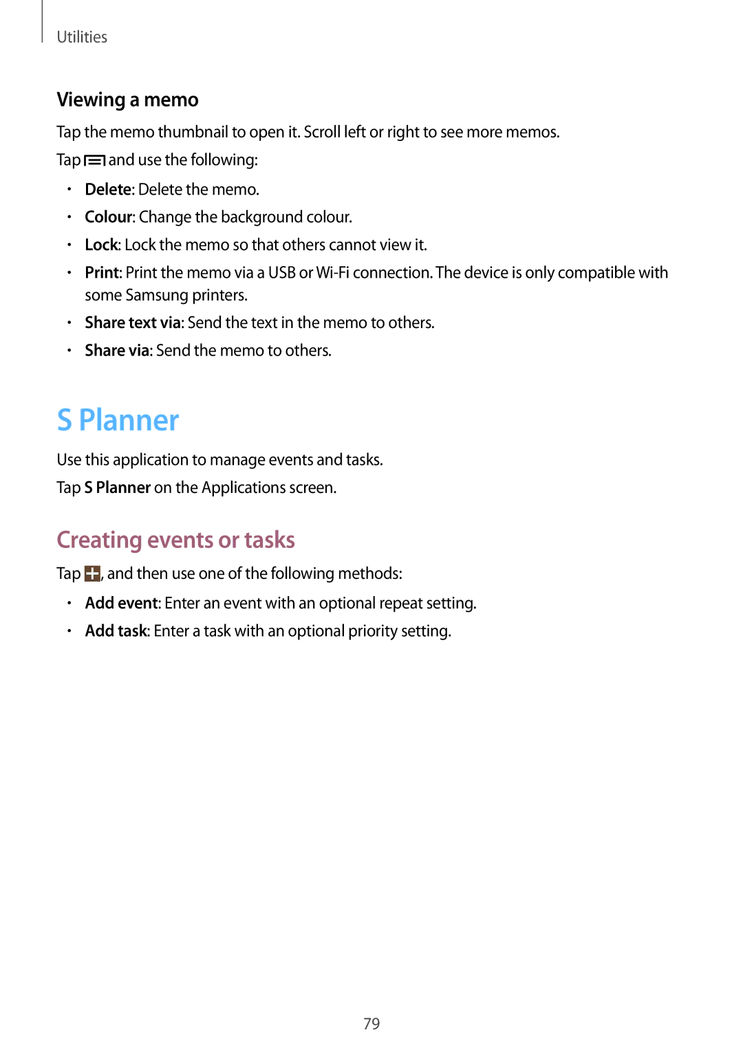 Samsung GT-S7275UWNTIM, GT-S7275HKNVIA, GT-S7275HKADBT, GT-S7275HKNDBT Planner, Creating events or tasks, Viewing a memo 