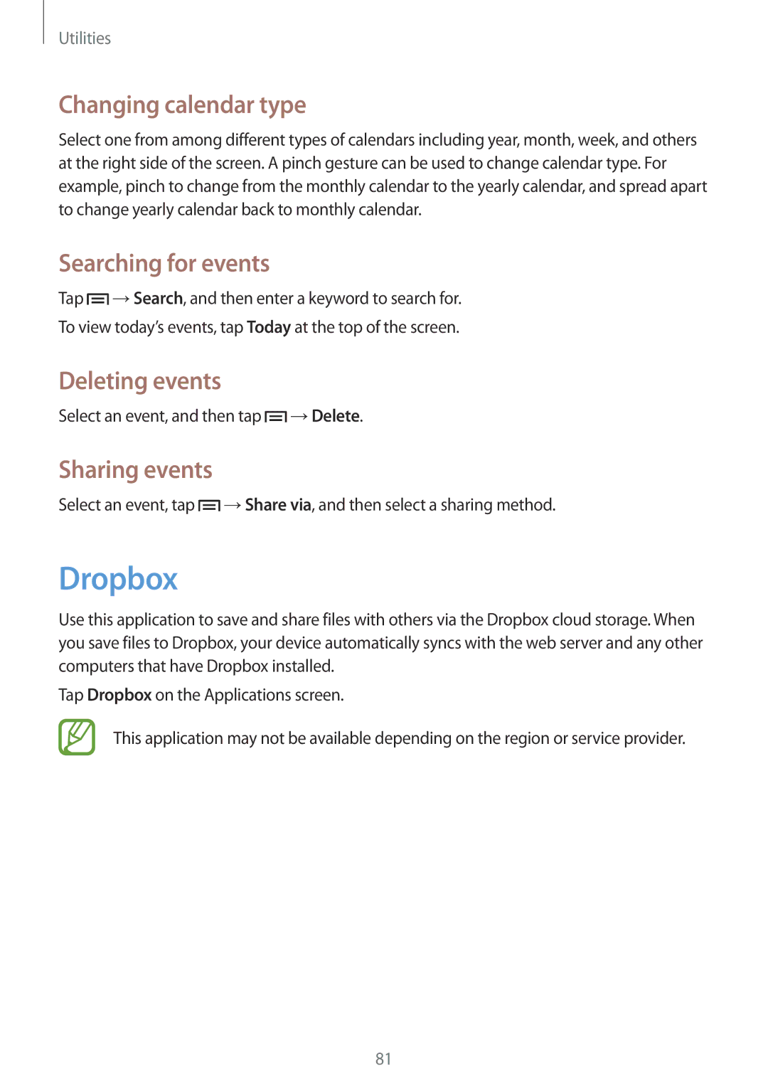 Samsung GT-S7275UWNYOG manual Dropbox, Changing calendar type, Searching for events, Deleting events, Sharing events 