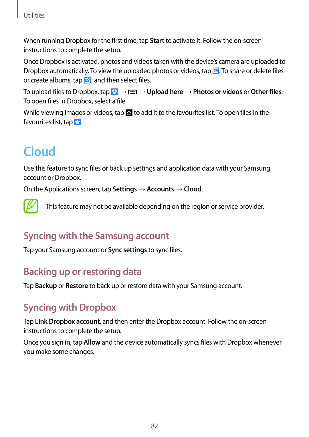 Samsung GT-S7275HKNYOG manual Cloud, Syncing with the Samsung account, Backing up or restoring data, Syncing with Dropbox 