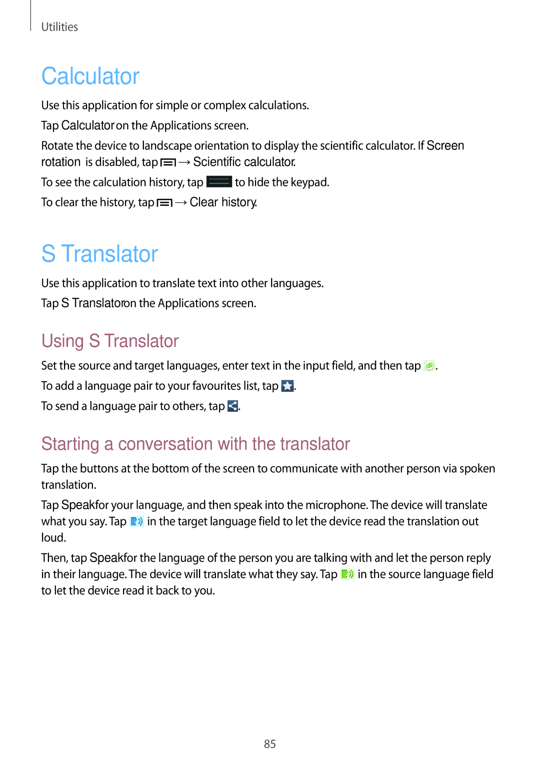 Samsung GT-S7275HKNPHE, GT-S7275HKNVIA Calculator, Using S Translator, Starting a conversation with the translator 