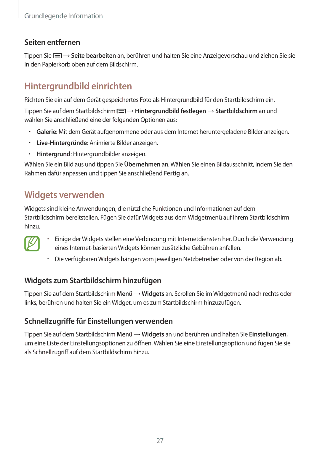 Samsung GT-S7275HKNPLS, GT-S7275HKNVIA, GT-S7275HKADBT manual Hintergrundbild einrichten, Widgets verwenden, Seiten entfernen 