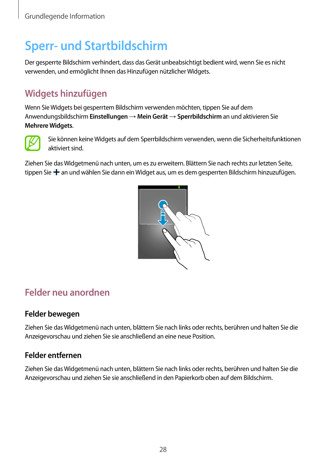 Samsung GT-S7275UWNDBT, GT-S7275HKNVIA Sperr- und Startbildschirm, Widgets hinzufügen, Felder neu anordnen, Felder bewegen 