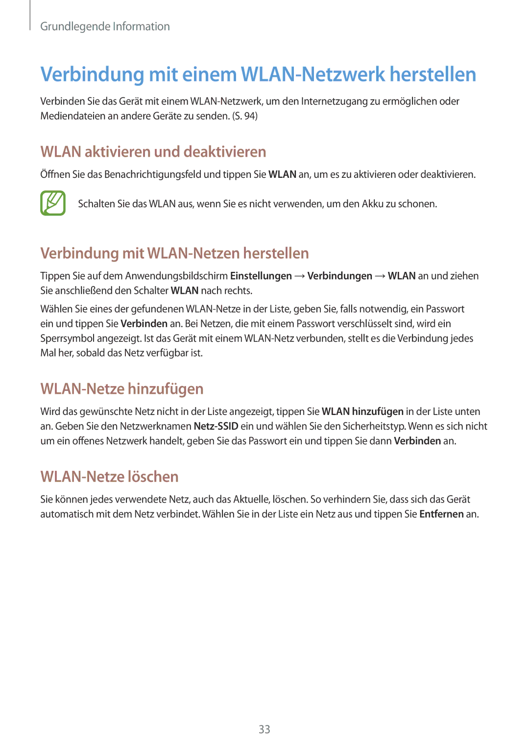 Samsung GT-S7275HKNTPH Wlan aktivieren und deaktivieren, Verbindung mit WLAN-Netzen herstellen, WLAN-Netze hinzufügen 