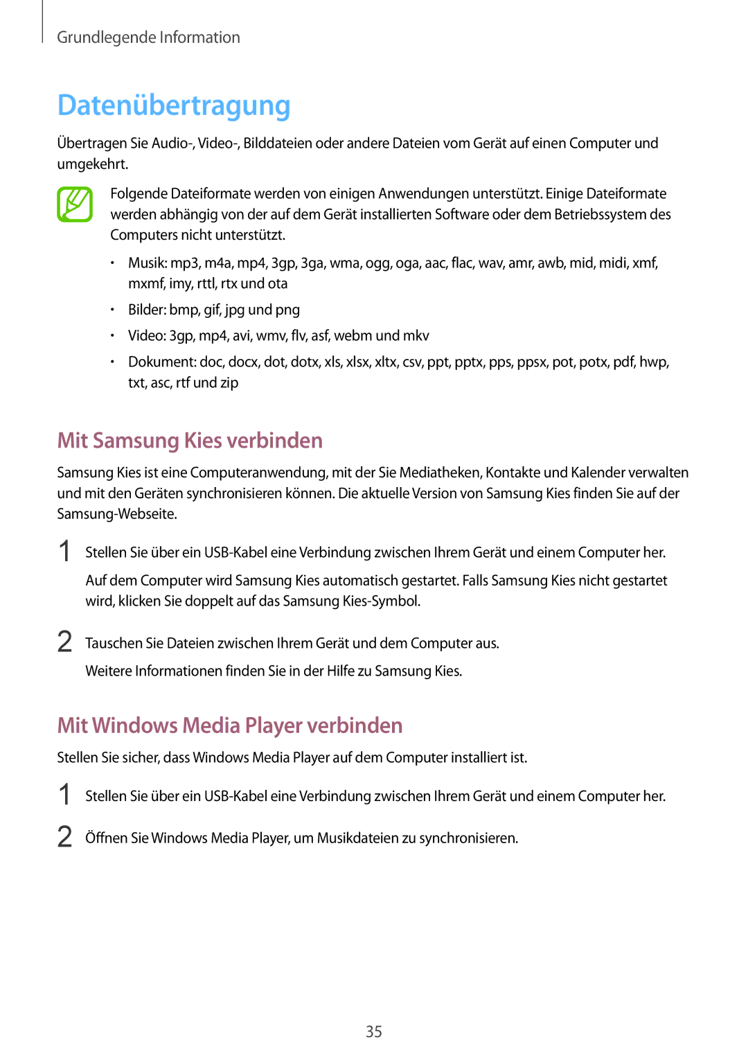 Samsung GT-S7275UWNOPT, GT-S7275HKNVIA Datenübertragung, Mit Samsung Kies verbinden, Mit Windows Media Player verbinden 