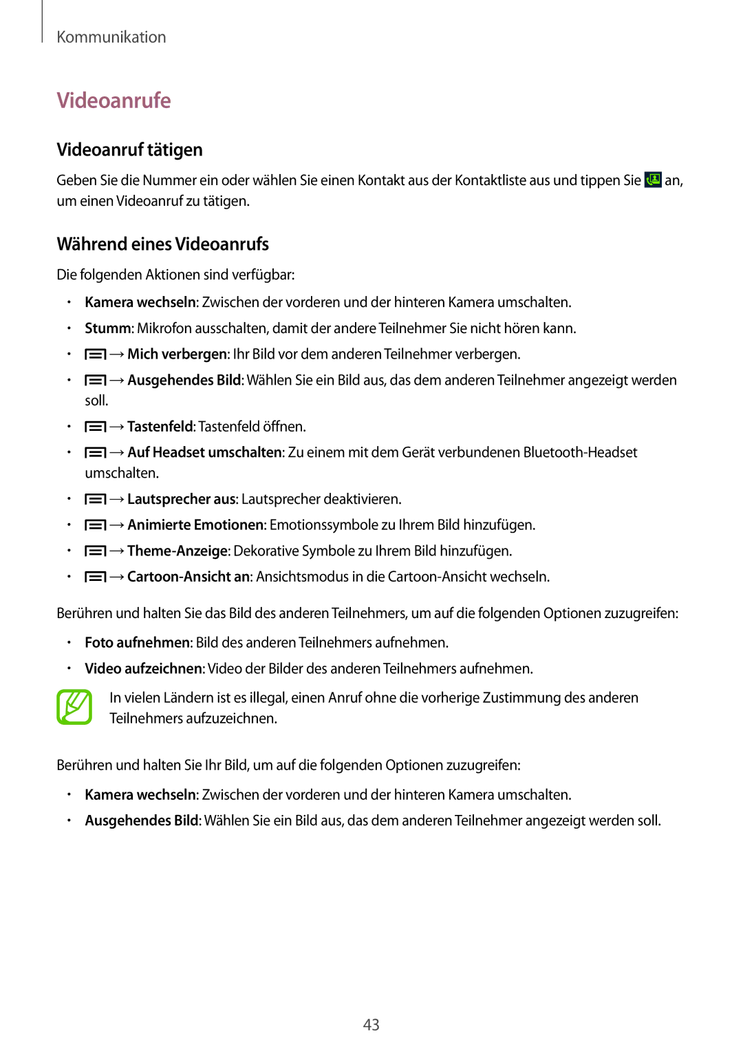 Samsung GT-S7275HKNTPH, GT-S7275HKNVIA, GT-S7275HKADBT manual Videoanrufe, Videoanruf tätigen, Während eines Videoanrufs 