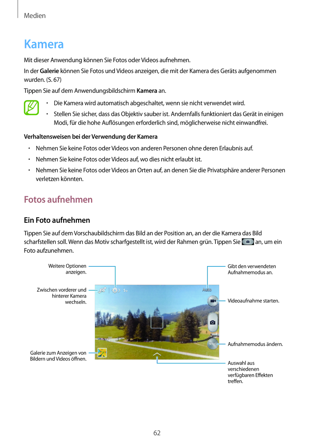 Samsung GT-S7275HKNDBT manual Fotos aufnehmen, Ein Foto aufnehmen, Verhaltensweisen bei der Verwendung der Kamera 