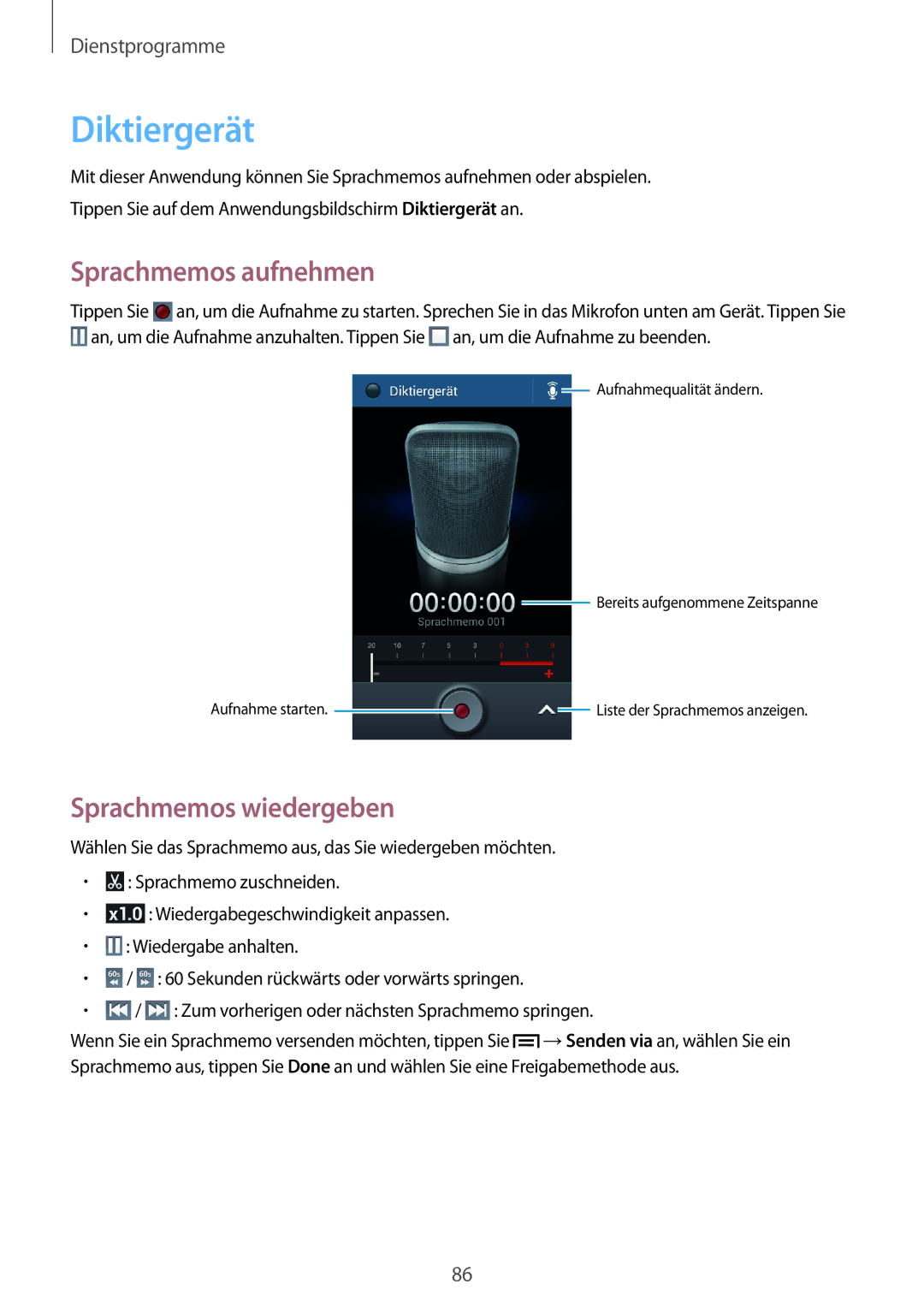 Samsung GT-S7275HKNTPL, GT-S7275HKNVIA, GT-S7275HKADBT manual Diktiergerät, Sprachmemos aufnehmen, Sprachmemos wiedergeben 