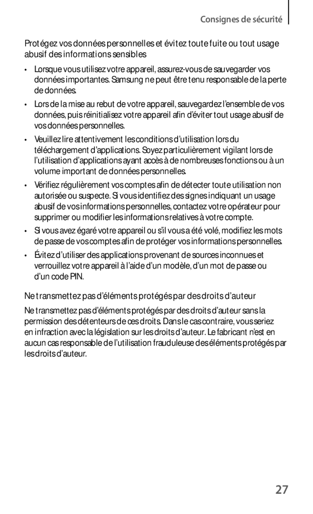 Samsung GT-S7275HKNBOG, GT-S7275HKNXEF, GT-S7275HKNFTM, GT-S7275UWAXEF, GT-S7275HKAXEF, GT-S7275UWNXEF Consignes de sécurité 