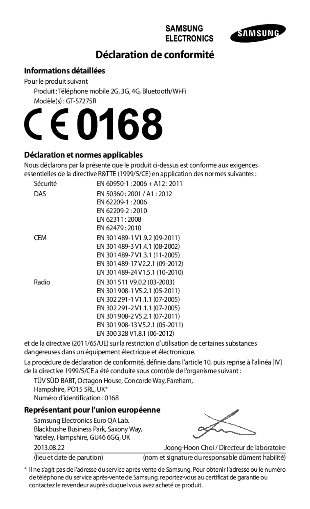 Samsung GT-S7275UWNBOG, GT-S7275HKNXEF, GT-S7275HKNFTM, GT-S7275UWAXEF, GT-S7275HKAXEF manual Déclaration de conformité 