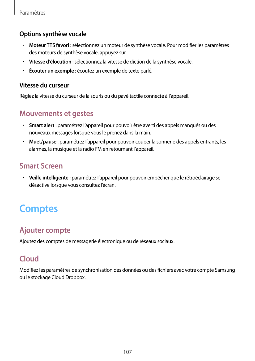 Samsung GT-S7275UWAXEF, GT-S7275HKNXEF, GT-S7275HKNFTM Comptes, Mouvements et gestes, Smart Screen, Ajouter compte, Cloud 