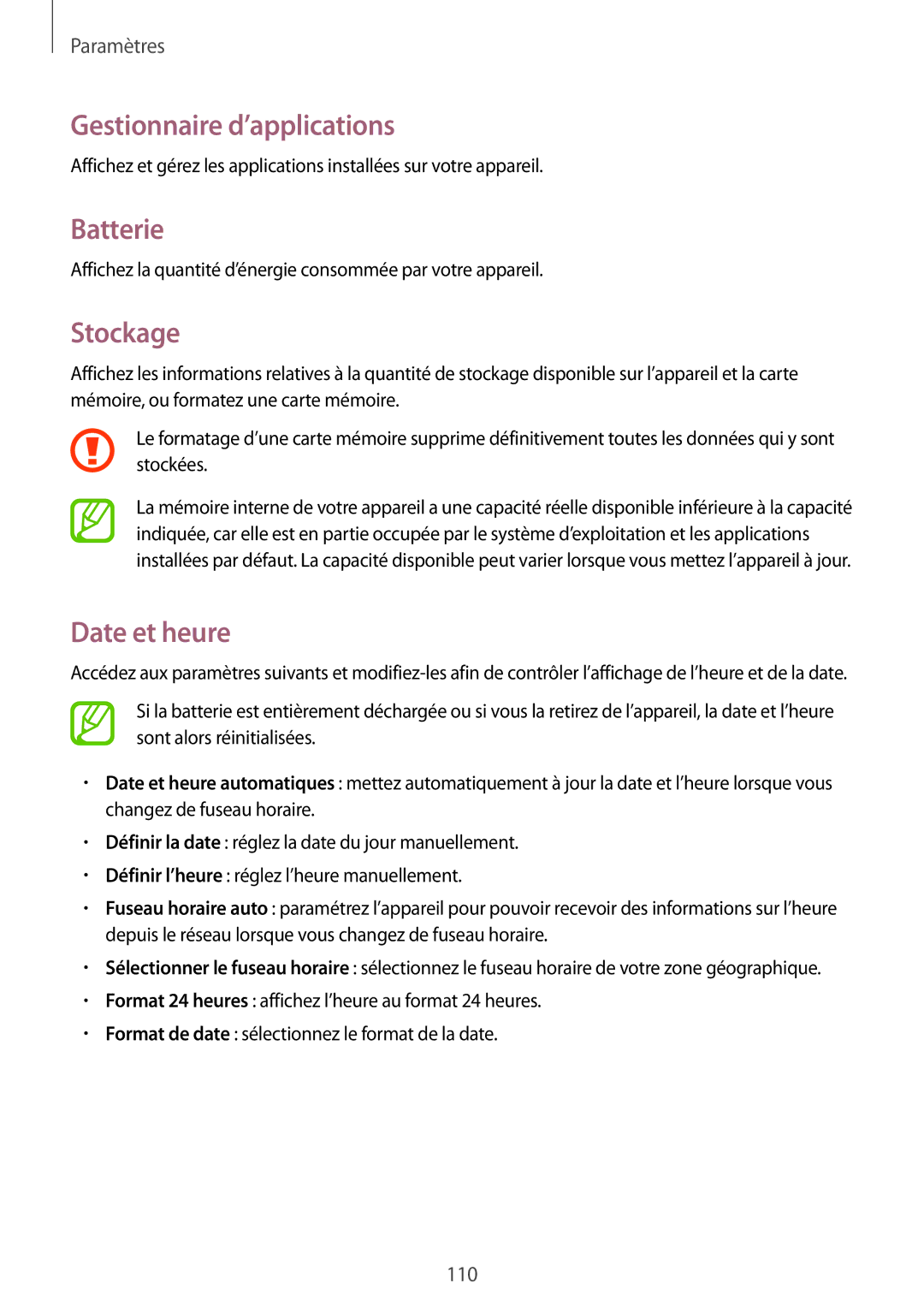 Samsung GT-S7275UWNBOG, GT-S7275HKNXEF, GT-S7275HKNFTM manual Gestionnaire d’applications, Batterie, Stockage, Date et heure 