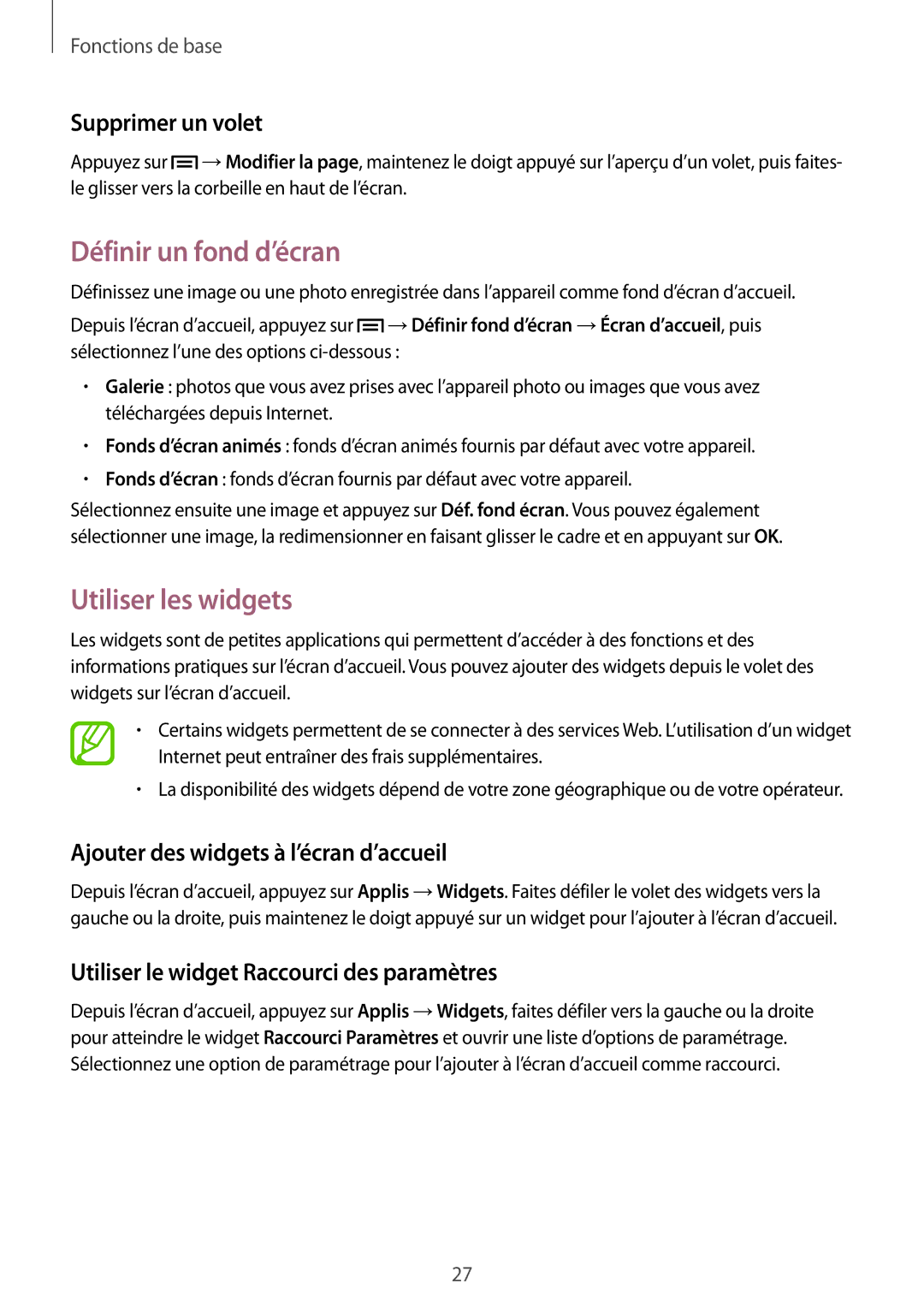 Samsung GT-S7275HKNBOG, GT-S7275HKNXEF, GT-S7275HKNFTM Définir un fond d’écran, Utiliser les widgets, Supprimer un volet 