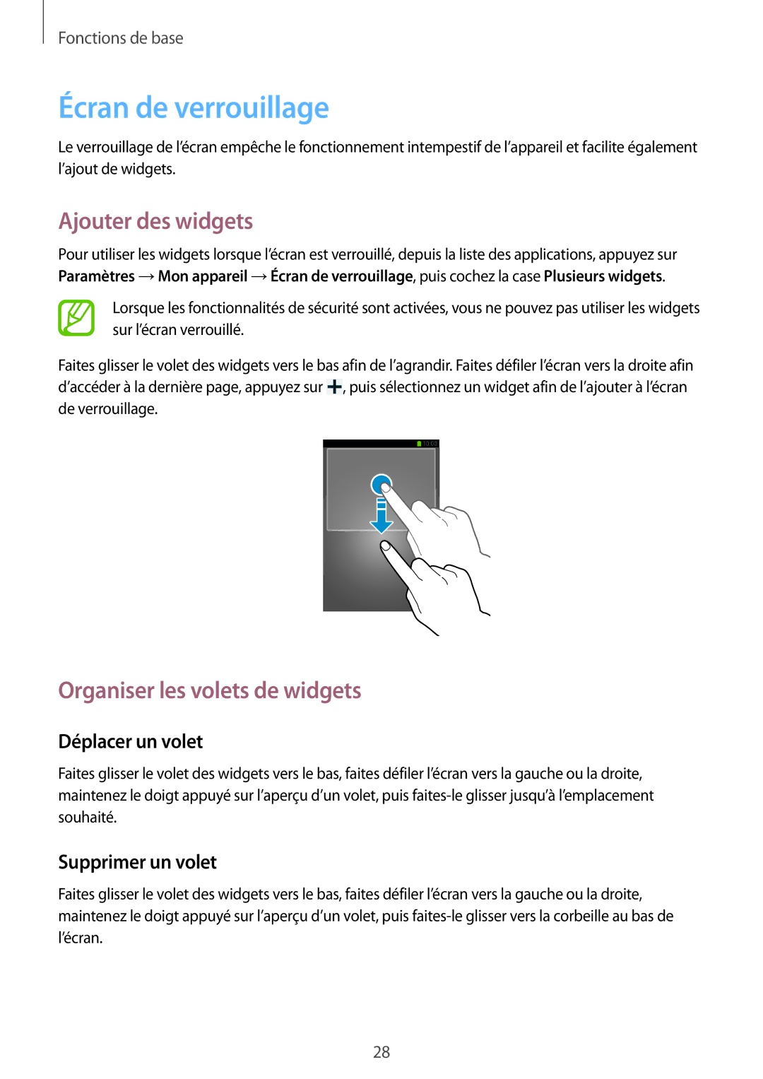 Samsung GT-S7275HKNXEF, GT-S7275HKNFTM manual Écran de verrouillage, Ajouter des widgets, Organiser les volets de widgets 