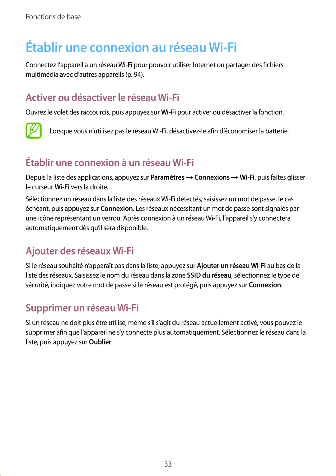 Samsung GT-S7275UWNBOG, GT-S7275HKNXEF manual Établir une connexion au réseau Wi-Fi, Activer ou désactiver le réseau Wi-Fi 