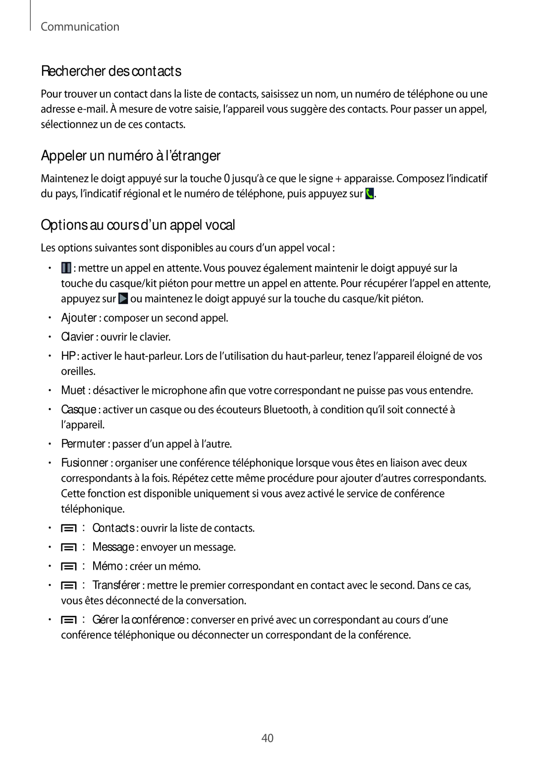 Samsung GT-S7275UWNBOG manual Rechercher des contacts, Appeler un numéro à l’étranger, Options au cours d’un appel vocal 