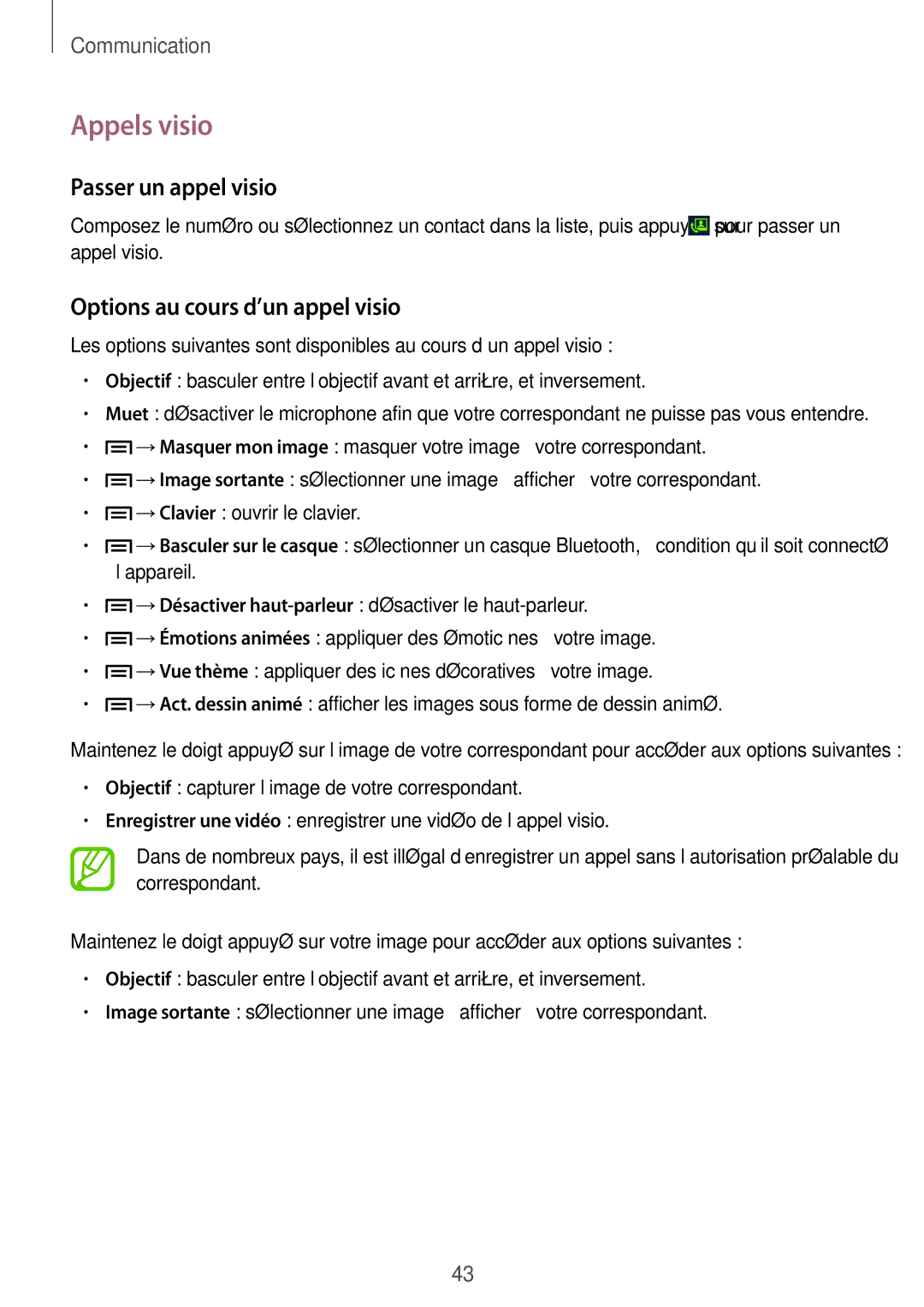 Samsung GT-S7275HKNFTM, GT-S7275HKNXEF manual Appels visio, Passer un appel visio, Options au cours d’un appel visio 