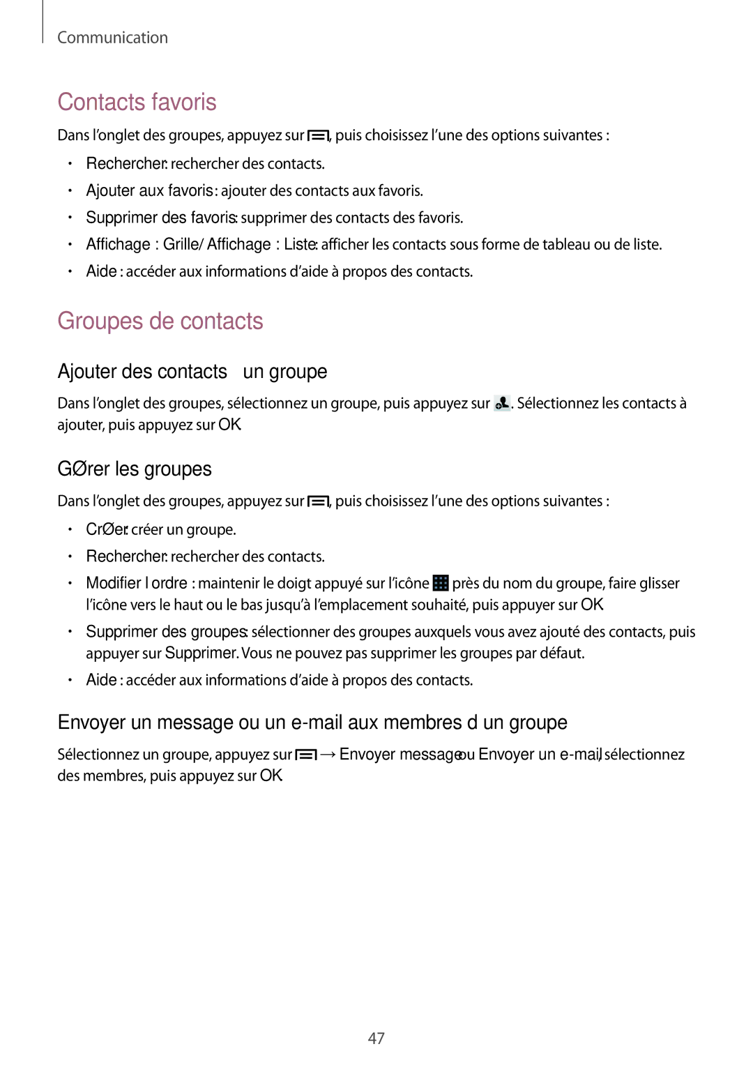 Samsung GT-S7275UWNBOG manual Contacts favoris, Groupes de contacts, Ajouter des contacts à un groupe, Gérer les groupes 