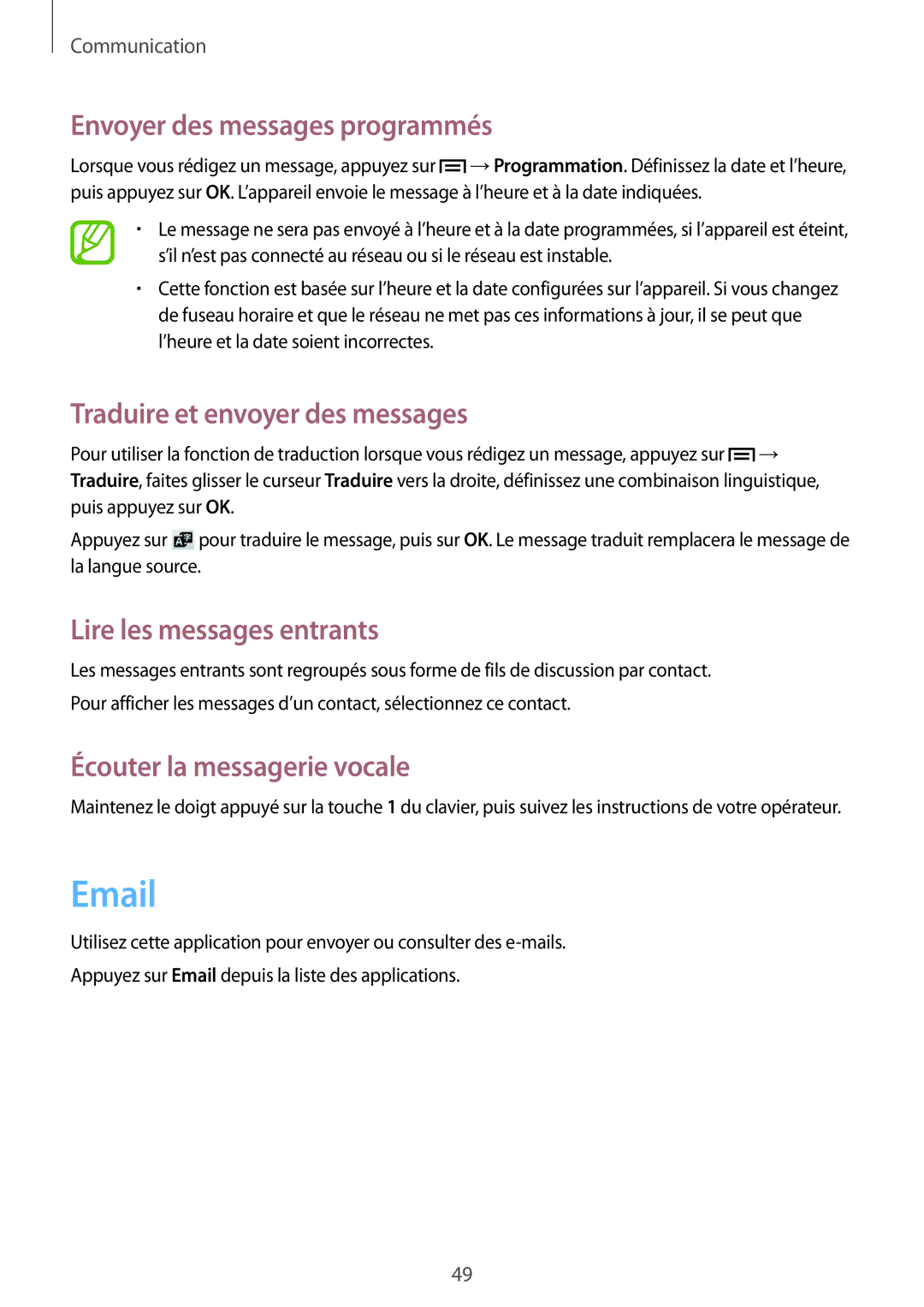 Samsung GT-S7275HKNXEF manual Envoyer des messages programmés, Traduire et envoyer des messages, Lire les messages entrants 